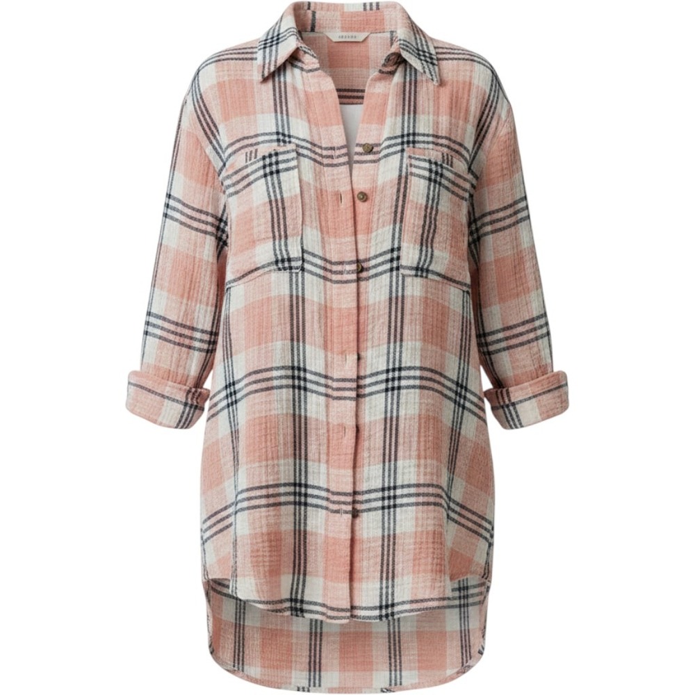 KUT from the Kloth Peach Plaid Snap Front Shirt Womens Medium Cottagecore Boho